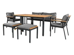 Conjunto de mesa e cadeiras de jardim em metal - 1 sofá de 2 lugares + 2 cadeirões + 2 bancos + 2 mesas de centro - Preto, cinzento e natural