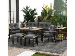 Conjunto de mesa e cadeiras de jardim em metal - 1 sofá de 2 lugares + 2 cadeirões + 2 bancos + 2 mesas de centro - Preto, cinzento e natural
