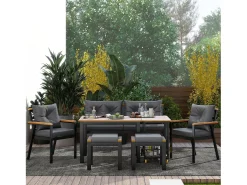 Conjunto de mesa e cadeiras de jardim em metal - 1 sofá de 2 lugares + 2 cadeirões + 2 bancos + 2 mesas de centro - Preto, cinzento e natural