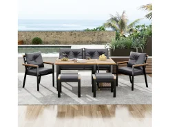 Conjunto de mesa e cadeiras de jardim em metal - 1 sofá de 2 lugares + 2 cadeirões + 2 bancos + 2 mesas de centro - Preto, cinzento e natural