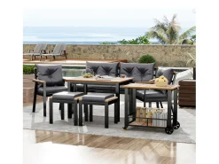 Conjunto de mesa e cadeiras de jardim em metal - 1 sofá de 2 lugares + 2 cadeirões + 2 bancos + 2 mesas de centro - Preto, cinzento e natural