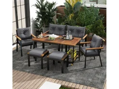 Conjunto de mesa e cadeiras de jardim em metal - 1 sofá de 2 lugares + 2 cadeirões + 2 bancos + 2 mesas de centro - Preto, cinzento e natural