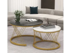 Conjunto de mesas de centro empilháveis em madeira - folheado com efeito mármore branco e metal dourado - MDF - para sala de estar - cinza e branco