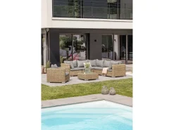 Conjunto de mobiliário de jardim de 6 lugares em resina de vime cor de mel
