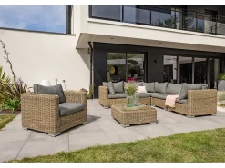 Conjunto de mobiliário de jardim de 6 lugares em resina de vime cor de mel