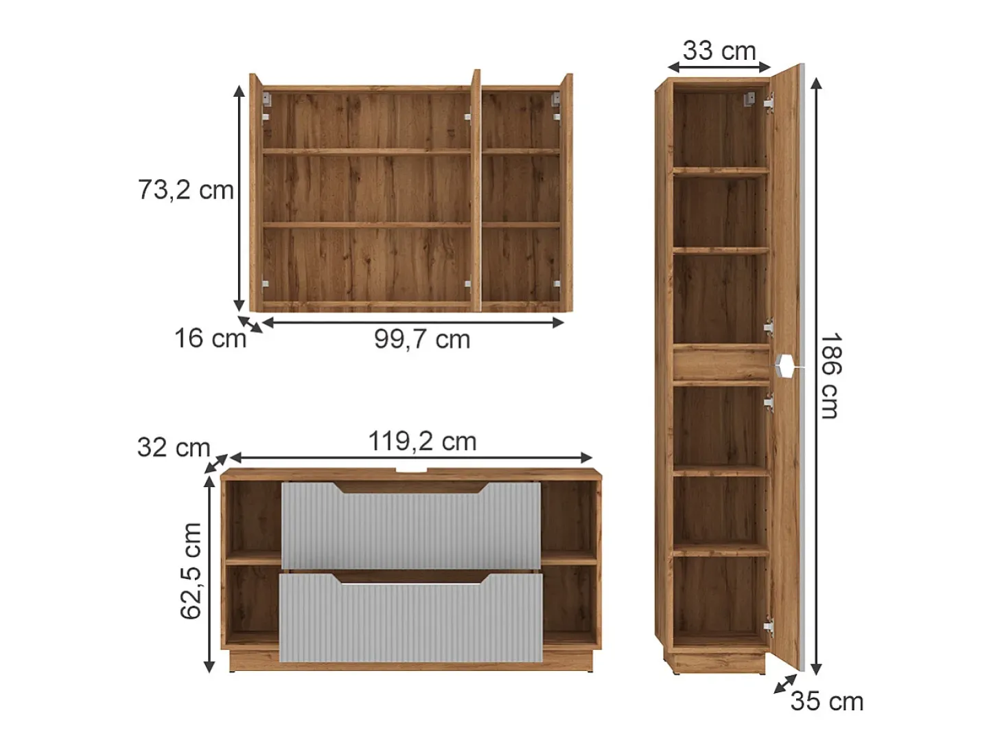 Conjunto de móveis de banheiro carvalho/cinzento às riscas 119.2x35x62.5 lotta