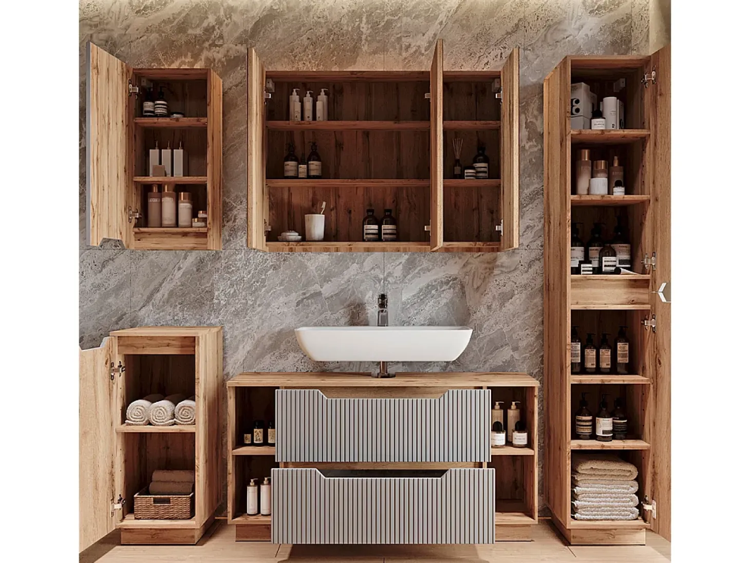 Conjunto de móveis de banheiro carvalho/cinzento às riscas 119.2x35x62.5 lotta