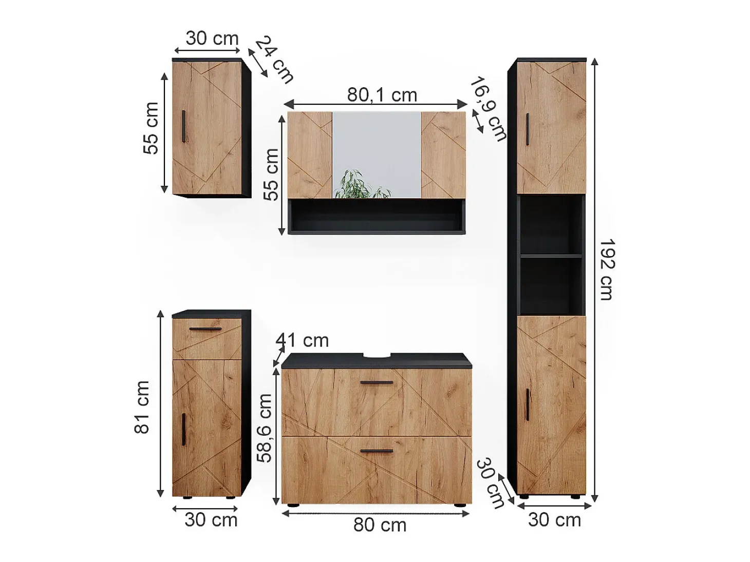 Conjunto de móveis de casa de banho carvalho goldkraft/antracite 80x41x58.6 irma