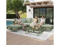 Conjunto de móveis de jardim - com almofadas + mesa de centro de vidro + espreguiçadeira + sofá - metal - verde