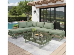 Conjunto de móveis de jardim - com almofadas + mesa de centro de vidro + espreguiçadeira + sofá - metal - verde