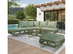 Conjunto de móveis de jardim - com almofadas + mesa de centro de vidro + espreguiçadeira + sofá - metal - verde