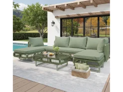 Conjunto de móveis de jardim - com almofadas + mesa de centro de vidro + espreguiçadeira + sofá - metal - verde
