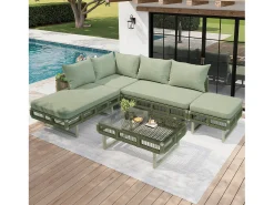 Conjunto de móveis de jardim - com almofadas + mesa de centro de vidro + espreguiçadeira + sofá - metal - verde