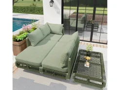 Conjunto de móveis de jardim - com almofadas + mesa de centro de vidro + espreguiçadeira + sofá - metal - verde