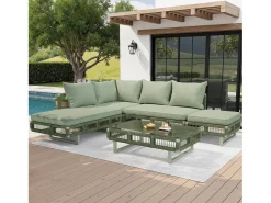 Conjunto de móveis de jardim - com almofadas + mesa de centro de vidro + espreguiçadeira + sofá - metal - verde