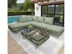 Conjunto de móveis de jardim - com almofadas + mesa de centro de vidro + espreguiçadeira + sofá - metal - verde