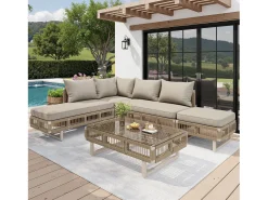Conjunto de móveis de jardim - com almofadas + mesa de centro de vidro + espreguiçadeira + sofá - metal - bege