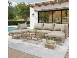 Conjunto de móveis de jardim - com almofadas + mesa de centro de vidro + espreguiçadeira + sofá - metal - bege
