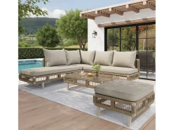 Conjunto de móveis de jardim - com almofadas + mesa de centro de vidro + espreguiçadeira + sofá - metal - bege