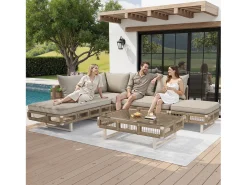 Conjunto de móveis de jardim - com almofadas + mesa de centro de vidro + espreguiçadeira + sofá - metal - bege