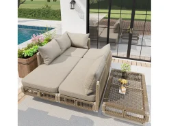Conjunto de móveis de jardim - com almofadas + mesa de centro de vidro + espreguiçadeira + sofá - metal - bege