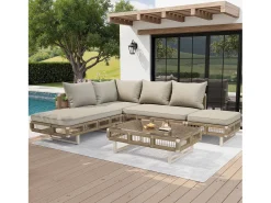 Conjunto de móveis de jardim - com almofadas + mesa de centro de vidro + espreguiçadeira + sofá - metal - bege