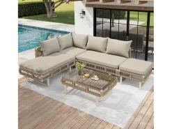 Conjunto de móveis de jardim - com almofadas + mesa de centro de vidro + espreguiçadeira + sofá - metal - bege