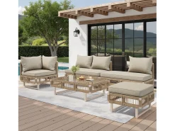 Conjunto de móveis de jardim - com almofadas + mesa de centro de vidro + espreguiçadeira + sofá - metal - bege