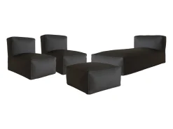 Conjunto de móveis de jardim em tecido bouclé 4 lugares: 1 chaise longue, 2 poltronas e um pufe - Listrado branco e bege - NOUMARA de MYLIA