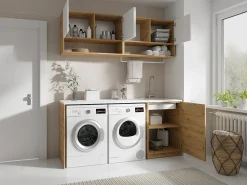 Conjunto de móveis para máquina de lavar C182 cm, branco e natural claro NATAJI