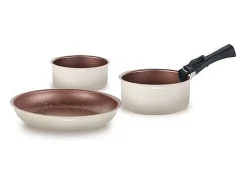 Conjunto de panelas Arthur Martin 18 peças creme antiaderente, alça removível, compatível com indução e forno