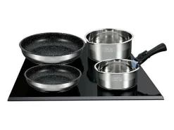 Conjunto de panelas Arthur Martin AM2493 de 8 peças em aço inoxidável com cabo removível e revestimento antiaderente para todos os tipos de fogão, incluindo indução