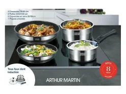 Conjunto de panelas Arthur Martin AM2493 de 8 peças em aço inoxidável com cabo removível e revestimento antiaderente para todos os tipos de fogão, incluindo indução