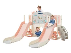 Conjunto de parque infantil 8 em 1 - 197 x 167 x 98 cm - Fabricado em material HDPE - com túnel arqueado e estrutura de escalada - Rosa