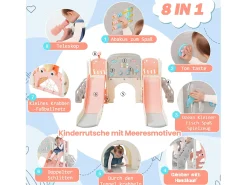 Conjunto de parque infantil 8 em 1 - 197 x 167 x 98 cm - Fabricado em material HDPE - com túnel arqueado e estrutura de escalada - Rosa