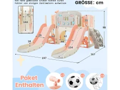Conjunto de parque infantil 8 em 1 - 197 x 167 x 98 cm - Fabricado em material HDPE - com túnel arqueado e estrutura de escalada - Rosa
