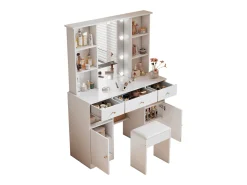 Conjunto de penteadeira - 110 x 40 x 151 cm - penteadeira com luzes de LED + espelho + banqueta + 3 gavetas + 2 portas - aglomerado - branco