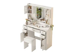 Conjunto de penteadeira - 105 x 40 x 152 cm - Penteadeira com LED Luzes + Espelho + Banqueta + 6 Gavetas + 4 Portas - MDF - Branco