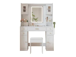 Conjunto de penteadeira - 105 x 40 x 152 cm - Penteadeira com LED Luzes + Espelho + Banqueta + 6 Gavetas + 4 Portas - MDF - Branco