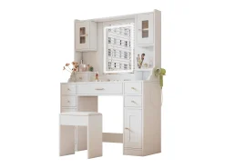 Conjunto de penteadeira - 105 x 40 x 152 cm - Penteadeira com LED Luzes + Espelho + Banqueta + 6 Gavetas + 4 Portas - MDF - Branco