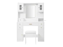 Conjunto de penteadeira - 105 x 40 x 152 cm - Penteadeira com LED Luzes + Espelho + Banqueta + 6 Gavetas + 4 Portas - MDF - Branco