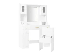 Conjunto de penteadeira - 105 x 40 x 152 cm - Penteadeira com LED Luzes + Espelho + Banqueta + 6 Gavetas + 4 Portas - MDF - Branco