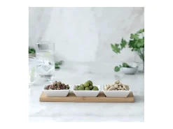 Conjunto de Prato em Madeira com 3 Tigelas Lacor - Ideal para Aperitivos e Apresentação de Condimentos
