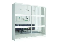 Conjunto de quarto NOFI branco moderno com cama 140x200 cm, estrado de ripas, 2 gavetas, mesas de cabeceira, roupeiro de 4 portas e cómoda