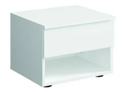 Conjunto de quarto NOFI branco moderno com cama 140x200 cm, estrado de ripas, 2 gavetas, mesas de cabeceira, roupeiro de 4 portas e cómoda
