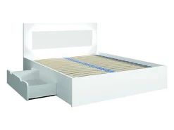 Conjunto de quarto NOFI branco moderno com cama 140x200 cm, estrado de ripas, 2 gavetas, mesas de cabeceira, roupeiro de 4 portas e cómoda