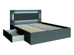 Conjunto de quarto NOFI cinza grafite 160x200 cm com cama, estrado, 2 gavetas, mesas de cabeceira, roupeiro de 4 portas e cómoda