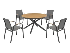 Conjunto de sala de jantar de jardim em alumínio: mesa redonda D.125 cm e 4 poltronas - Antracite e natural claro - ZEYVA de MYLIA