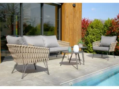 Conjunto de salão de jardim de 4 lugares em corda entrançada e aço