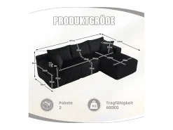 Conjunto de sofá de 3 lugares - 257 x 160 x 80 cm - com 5 almofadas - montagem DIY - veludo - preto